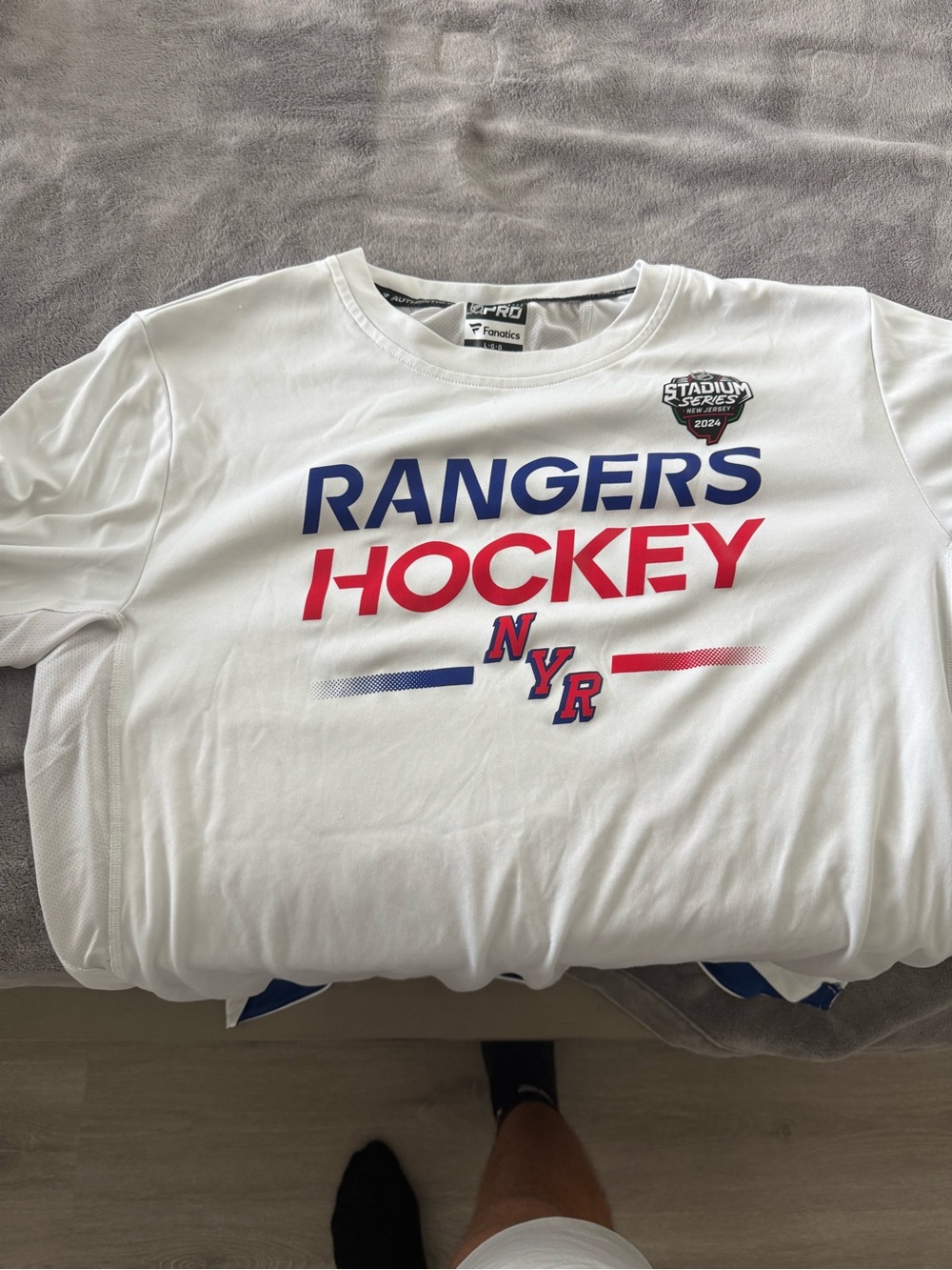 Fanatics White Rangers Hockey T‑Shirt with Blue and Red Graphics